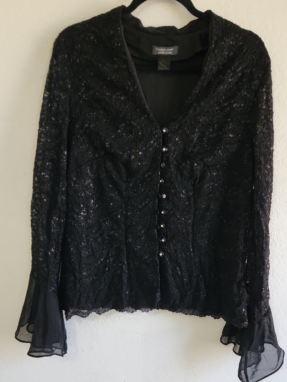VTG Whimsigoth Dressbarn Black Metallic Lace Sequin Bell Sleeve Blouse Size 18